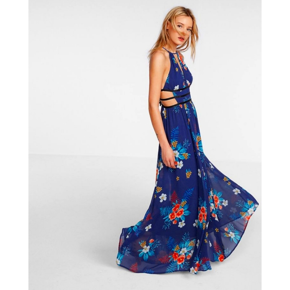 Express Blue Floral Halter Maxi Dress